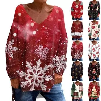 Женская модная повседневная футболка с длинными рукавами и рождественским принтом с V-образным вырезом L