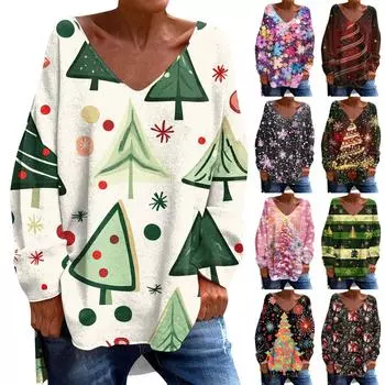 Женская модная повседневная футболка с длинными рукавами и рождественским принтом с V-образным вырезом XXXL