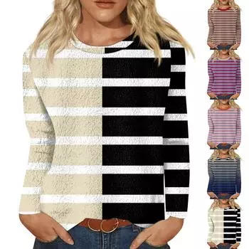 Женская модная повседневная футболка с длинными рукавами и круглым вырезом в полоску XXL синий