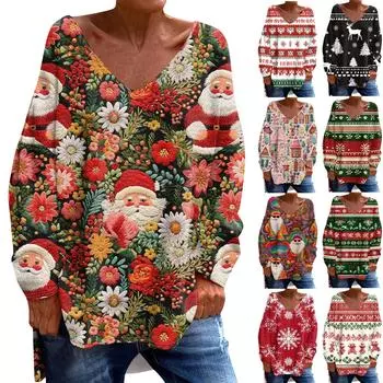 Женская модная повседневная футболка с длинными рукавами и рождественским принтом с V-образным вырезом L