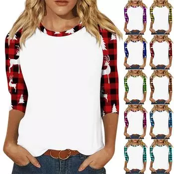 Женская модная повседневная футболка с глубоким вырезом, с семью рукавами и рождественским принтом, с круглым вырезом M красный