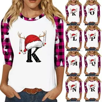 Женская модная повседневная футболка с глубоким вырезом, с семью рукавами и рождественским принтом, с круглым вырезом XXL