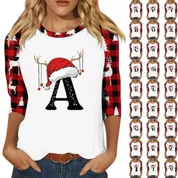 Женская модная повседневная футболка с глубоким вырезом, с семью рукавами и рождественским принтом, с круглым вырезом L винный