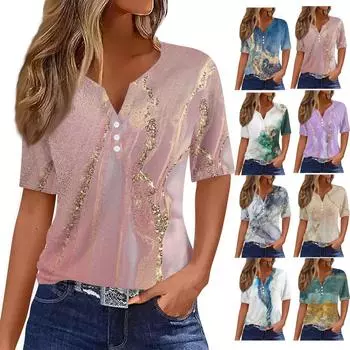 Женская модная повседневная футболка с градиентным цветочным принтом и v-образным вырезом, топ на пуговицах с короткими рукавами L синий