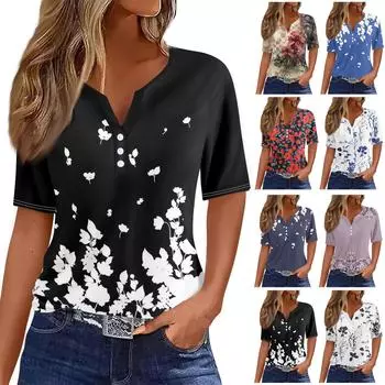 Женская модная повседневная футболка с градиентным цветочным принтом и v-образным вырезом, топ на пуговицах с короткими рукавами S