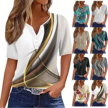 Женская модная повседневная футболка с градиентным цветочным принтом и v-образным вырезом, топ на пуговицах с короткими рукавами L