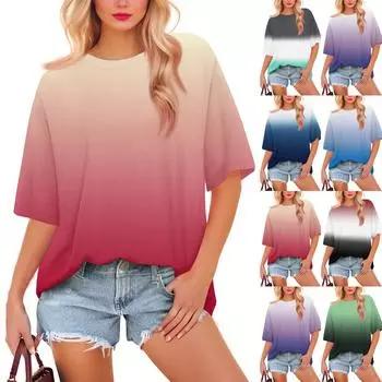 Женская модная повседневная футболка с градиентным цветом, свободная, с круглым вырезом и коротким рукавом, модная праздничная футболка XXL