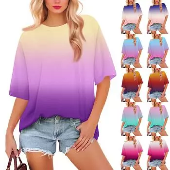 Женская модная повседневная футболка с градиентным цветом, свободная, с круглым вырезом и коротким рукавом, модная праздничная футболка M розовый