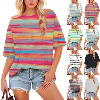 Женская модная повседневная футболка с градиентным цветом, свободная, с круглым вырезом и коротким рукавом, модная праздничная футболка XXL розовый