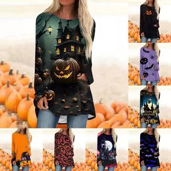 Женская модная повседневная футболка с градиентом Хэллоуина и принтом, длинный рукав, круглый вырез, средний длинный топ XXXL