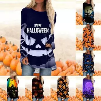Женская модная повседневная футболка с градиентом Хэллоуина и принтом, длинный рукав, круглый вырез, средний длинный топ XXXL чёрный