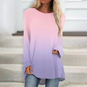Женская модная повседневная футболка с градиентом и длинным рукавом, круглый вырез, средний длинный топ M розовый