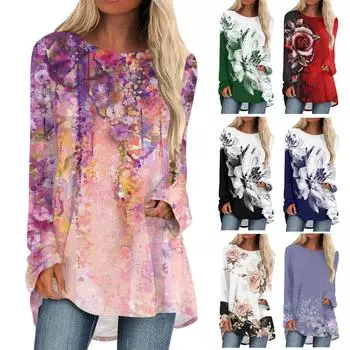 Женская модная повседневная футболка с градиентом и длинным рукавом, круглый вырез, средний длинный топ XXL