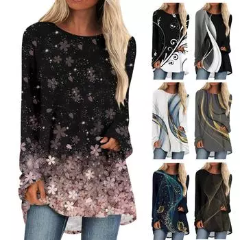 Женская модная повседневная футболка с градиентом и длинным рукавом, круглый вырез, средний длинный топ XL