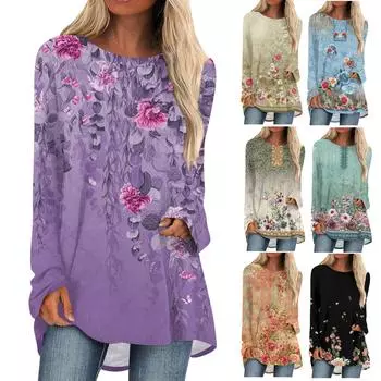 Женская модная повседневная футболка с градиентом и длинным рукавом, круглый вырез, средний длинный топ XXXL зелёный