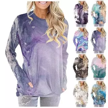 Женская модная повседневная футболка с карманом и длинным рукавом с круглым вырезом и принтом, топ XXL белый