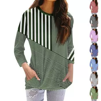 Женская модная повседневная футболка с карманом и круглым вырезом с рукавами 3/4 и топом XXXL синий