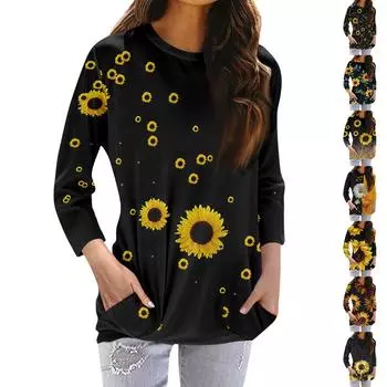 Женская модная повседневная футболка с карманом и круглым вырезом с рукавами 3/4 и топом L жёлтый