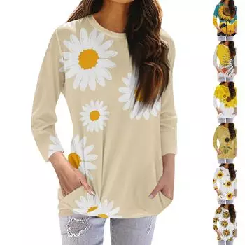 Женская модная повседневная футболка с карманом и круглым вырезом с рукавами 3/4 и топом M