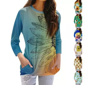 Женская модная повседневная футболка с карманом и круглым вырезом с рукавами 3/4 и топом XXL