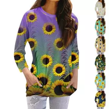 Женская модная повседневная футболка с карманом и круглым вырезом с рукавами 3/4 и топом L хаки