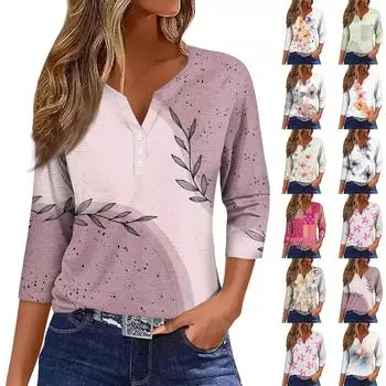 Женская модная повседневная футболка с коротким рукавом и V-образным вырезом, декоративными пуговицами и рукавом три четверти L синий