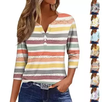 Женская модная повседневная футболка с коротким рукавом и V-образным вырезом, декоративными пуговицами и рукавом три четверти L