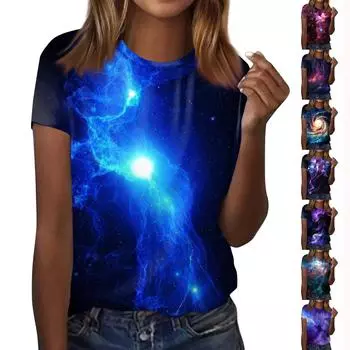 Женская модная повседневная футболка с коротким рукавом и круглым вырезом с принтом Galaxy XXXL бежевый