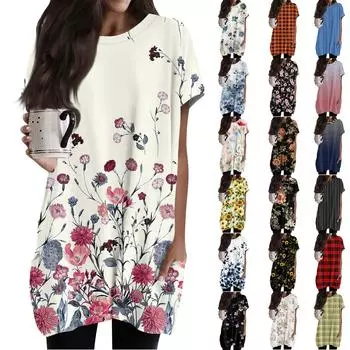 Женская модная повседневная футболка с коротким рукавом и круглым вырезом с принтом и двумя карманами L армия зеленый