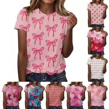 Женская модная повседневная футболка с коротким рукавом и круглым вырезом с принтом ко Дню святого Валентина L чёрный