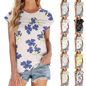 Женская модная повседневная футболка с коротким рукавом и цветочным принтом, с круглым вырезом и короткими рукавами S