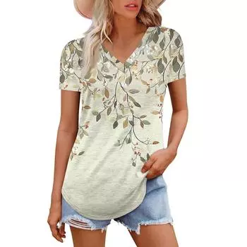 Женская модная повседневная футболка с короткими рукавами и цветочным принтом, рубашка, темпераментная рубашка, топ с V-образным вырезом L армия зеленый
