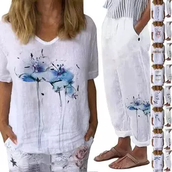 Женская модная повседневная футболка с короткими рукавами и брюки с принтом XXXL чёрный