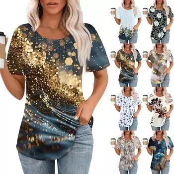 Женская модная повседневная футболка с короткими рукавами и круглым вырезом с цветочным принтом L бежевый