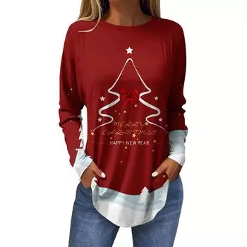 Женская модная повседневная футболка с круглым вырезом и длинным рукавом с рождественским принтом S