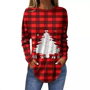 Женская модная повседневная футболка с круглым вырезом и длинным рукавом с рождественским принтом XXXL