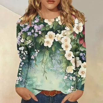 Женская модная повседневная футболка с круглым вырезом и длинным рукавом с принтом, топ L армия зеленый