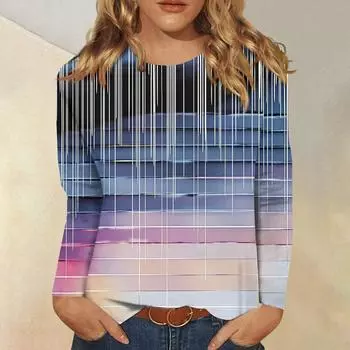 Женская модная повседневная футболка с круглым вырезом и длинным рукавом с принтом, топ L синий