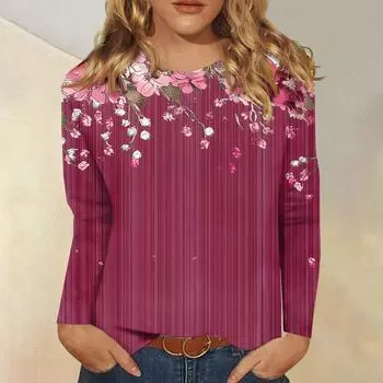 Женская модная повседневная футболка с круглым вырезом и длинным рукавом с принтом, топ L горячий розовый