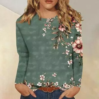Женская модная повседневная футболка с круглым вырезом и длинным рукавом с принтом, топ L темно-зеленого