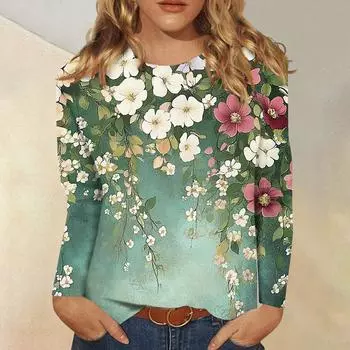 Женская модная повседневная футболка с круглым вырезом и длинным рукавом с принтом, топ L армия зеленый