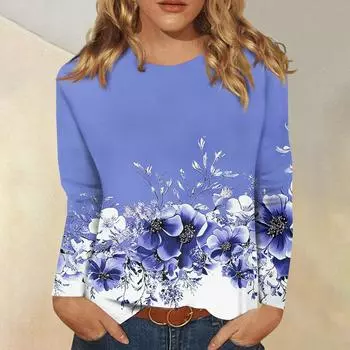 Женская модная повседневная футболка с круглым вырезом и длинным рукавом с принтом, топ L синий