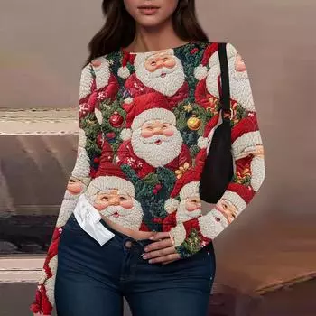 Женская модная повседневная футболка с круглым вырезом и рождественским принтом с длинным рукавом L бежевый