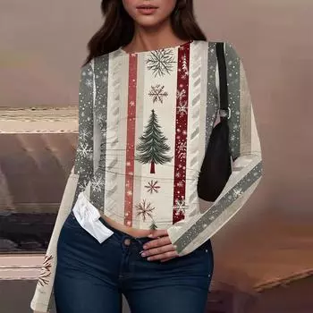 Женская модная повседневная футболка с круглым вырезом и рождественским принтом с длинным рукавом L бежевый