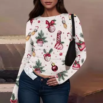 Женская модная повседневная футболка с круглым вырезом и рождественским принтом с длинным рукавом L бежевый