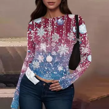 Женская модная повседневная футболка с круглым вырезом и рождественским принтом с длинным рукавом L синий