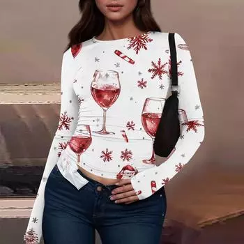 Женская модная повседневная футболка с круглым вырезом и рождественским принтом с длинным рукавом L бежевый