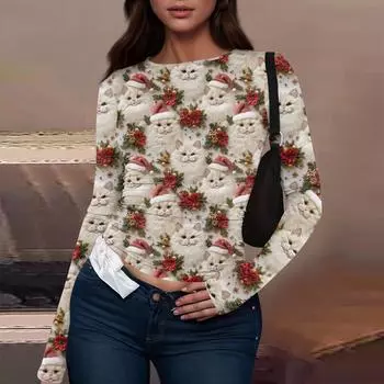 Женская модная повседневная футболка с круглым вырезом и рождественским принтом с длинным рукавом L бежевый