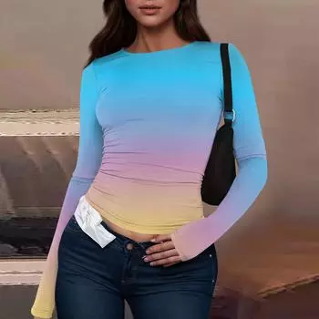 Женская модная повседневная футболка с круглым вырезом и длинным рукавом с принтом L синий