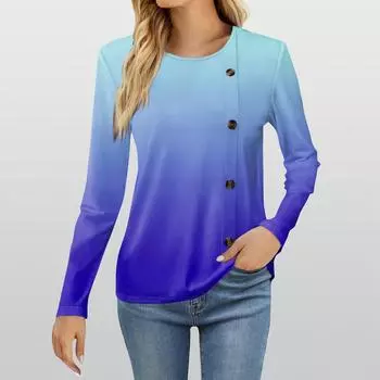 Женская модная повседневная футболка с круглым вырезом и длинным рукавом с принтом, женская футболка L синий